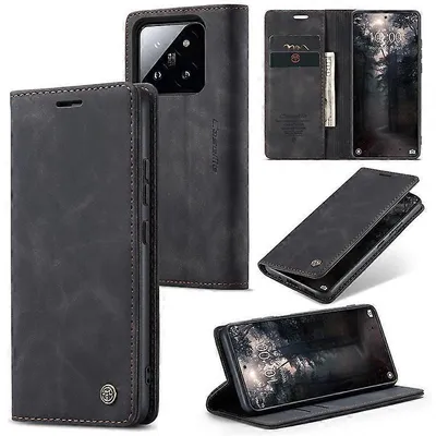 A collage of images showing a black leather flip phone case for a Xiaomi phone, displaying its features and different angles.