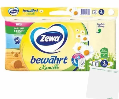 Produktbild von Zewa Toilettenpapier Kamille 3lg (8x150 Blatt Packung) + usy Block