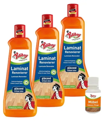 Produktbild von Poliboy 3er Laminat Renovierer Glänzend - inkl. Möbel Pflege Probe - Inhalt 1,5 Liter - Sofortversiegelung, Schutz & neuer Glanz - 5850001