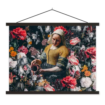 Produktbild von MuchoWow® Textilposter Vermeer - Milchmädchen - Blumen 60x45 cm mit schwarzem Rahmen - Poster Schlafzimmer