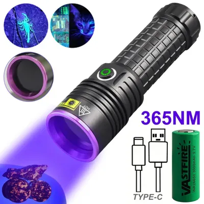 Image de Lampe de poche UV - Lumière noire 365 nm - 3 LED UV - Rechargeable - Boîtier en aluminium - Mode haute/bas - Noir