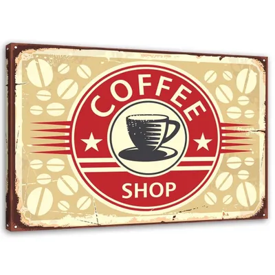 Produktbild von Leinwandbild retro-schild mit kaffee 90x60 cm Feeby rot wandbild bereit zum aufhängen