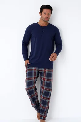 Produktbild von Herren Pyjama Set Schlafanzug Multicolor Langarm Rot-Blau Karierte Hose L-3XL