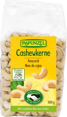 Produktbild von Rapunzel 184310, Cashewnuss, 500 g, 618 kcal, 19,45 g, 50,25 g