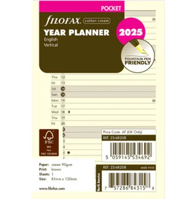 Produktbild von FILOFAX Kalendereinlage 2025 POCKET Jahresplaner  Baumwolle cream englisch 25-68208