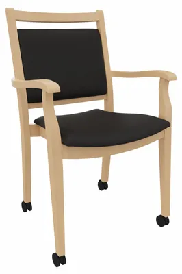 Productafbeelding van Verzorgingsstoel André met armleuningen en wielen – Ideaal voor senioren in een verpleeghuis of thuis – Gemaakt van massief hout, stabiel en gemakkelijk te onderhouden. Bekleding: Kunstleer, kleur zwart. Zitdiepte: 47 cm