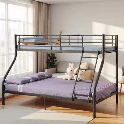 Produktbild von H.J WeDoo Hochbett mit Leiter, Etagenbett mit Rausfallschutz, Metallbett mit Lattenrost, Jugendbett Kinderbett, 90x200/140x200, Schwarz