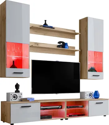 Obrázek produktu pro Komodee | Obývací stěna Obývací pokoj RTV Varallo, korpus Wotan matný, barva čela bílá lesklá, LED RGB