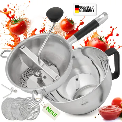 Produktbild von 𝐙𝐀𝐔𝐁𝐄𝐑𝐇𝐀𝐔𝐒 𝐏𝐚𝐬𝐬𝐢𝐞𝐫𝐦ü𝐡𝐥𝐞 𝐦𝐢𝐭 𝐒𝐜𝐡ü𝐬𝐬𝐞𝐥 | Premium Passetout aus Edelstahl [3 EXTRA SIEBE] Passiermühle + Abstreifer