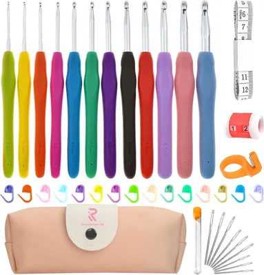 Produktbild von 45-teiliges Häkelset mit ergonomischen Gummigriffen und umfassendem Zubehör in Rosa