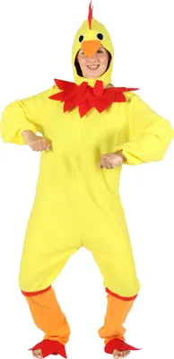 A person wearing a yellow chicken costume.