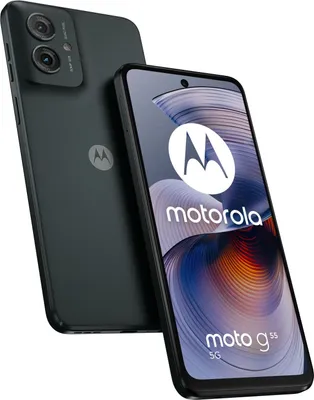 A dark gray Motorola moto g55 5G smartphone is shown from a diagonal angle, with the back of one phone and the front of another visible.