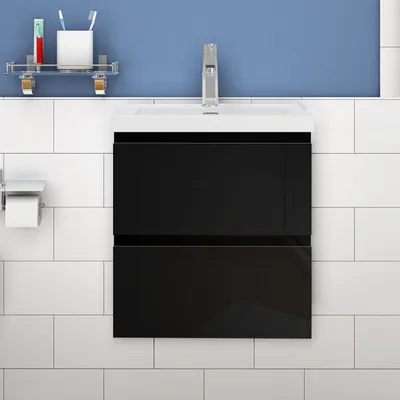 Produktbild von Waschtisch mit Unterschrank 50cm Alast Badmöbel Set Hochglanz Schwarz Rechteckiges Waschbecken mit Unterschrank MDF Softclose