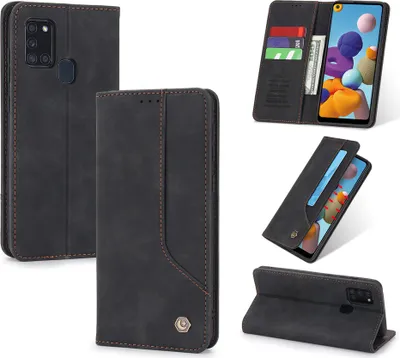 A collage of images showing a black flip phone case from different angles, including its card slots and stand function.