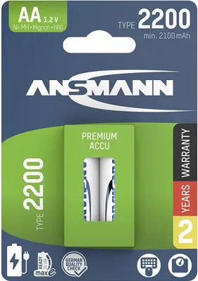 Produktbild von Ansmann 1312-0023, Wiederaufladbarer Akku, AA, Nickel-Metallhydrid (NiMH), 1,2 V, 2 Stück(e), 2100 mAh