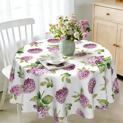 Productafbeelding van Ronde tafelkleed, diameter 160 cm, weerbestendig, afwasbaar, polyester, hortensia, bloemenprint, geschikt voor buiten