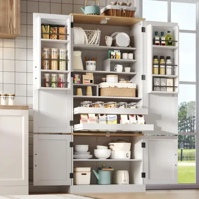 Produktbild von Weißer Multifunktionsschrank mit Bewegungssensor: Verstellbare Böden, Türablagen & Schubladen – Ideal für Küche, Esszimmer & Wohnzimmer.