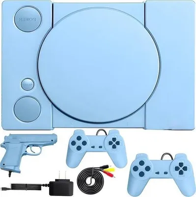 Zdjęcie produktu dla Niebieska mini konsola do gier retro z 16 grami - Klasyczna 8-bitowa konsola z 2 joystickami i pistoletem - Gra wideo akcji dla całej rodziny