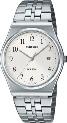 A close-up studio shot of a silver Casio watch with a white face.