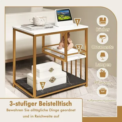 Obrázek produktu pro Odkládací stolek mramorový vzhled 3patrový noční stolek s kovovým rámem konferenční stolek moderní stolek do obývacího pokoje bílý