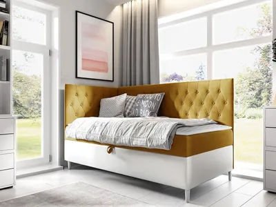 Obrázek produktu pro Boxspringová jednolůžková postel 90x200 PORFIRO 3 - bílá  / žlutá, levé provedení + topper
