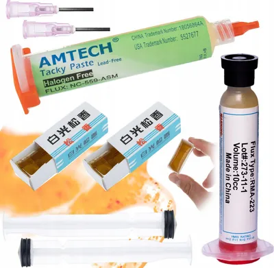 Produktbild von Rosfix RMA-223 Lötflussmittel mit Kolben und Nadel + gelbes Lötflussmittel in einer 60-ml-Dose ZJ-18 + Flussmittel NC-559-ASM 10 ml