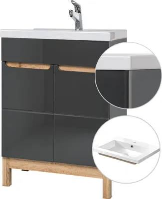 Produktbild von Waschtischunterschrank inkl. 61cm Keramikbecken SOLNA-56 Hochglanz grau mit Wotaneiche, B x H x T ca. 61 x 85 x 46cm