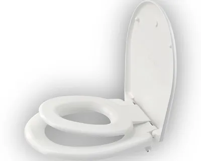 A white toilet seat with a built-in child seat, shown with the lid open.