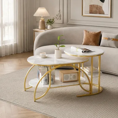 Immagine prodotto di UnboxG Tavolino in metallo - Tavolo da soggiorno con spazio per riporre oggetti - Tavolo da soggiorno con due ripiani - Tavolo da divano 46x80x45 cm/52x52x51 cm - Tavolino in bianco/oro