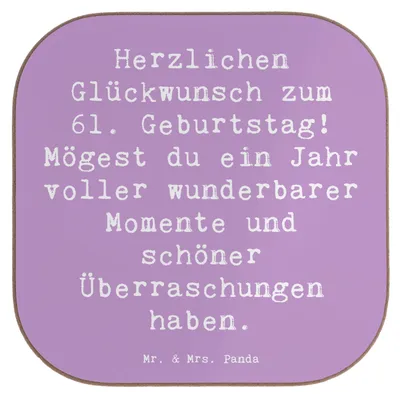 Produktbild von Mr. & Mrs. Panda Holzuntersetzer Spruch 61. Geburtstag Glückwünsche - Lavendeltraum - Geschenk, übermitteln, Untersetzer für Gläser, Happy Birthday, feiern, unterleger