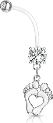 Produktbild von Schwangerschaftspiercing Bio Flex flexibler Kunststoff kürzbar Baby Füße Füßchen Herz Zirkonia Kristall Bauchnabel-Piercing Autiga® klar