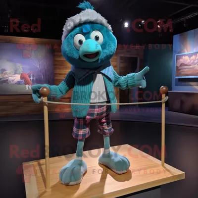Productafbeelding van Teal koorddanser mascotte REDBROKOLY kostuum personage gekleed met een flanellen overhemd en enkelbanden