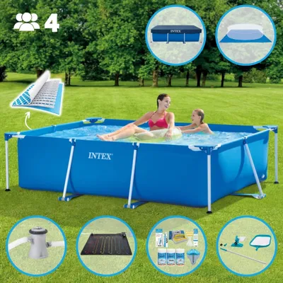 Produktbild von Intex-Schwimmbecken mit rechteckigem Rahmen – 220 x 150 x 60 cm – Blau – im Lieferumfang enthalten Abdeckung - Bodenplane - Filterpumpe für Schwimmbad - Solarmatte - Wartungspaket - Reinigungskit