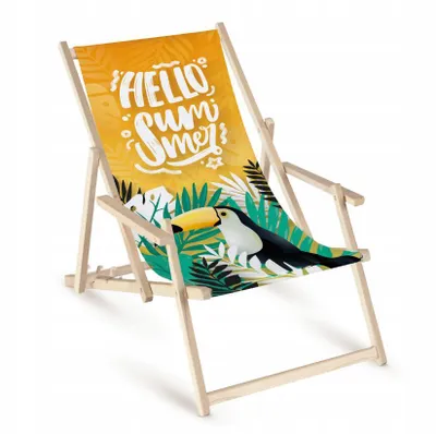 Produktbild von Klappbare Oxford Strandliege Fullprint „Hello Summer“ – Tragbare Gartenliege mit Armlehnen, leichte Campingliege