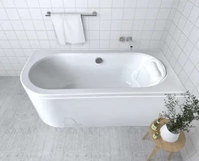 Produktbild von ECOLAM Badewanne Wanne Eckwanne Eckbadewanne für Zwei Modern Design Acryl weiß Avita 150x75 cm RECHTS + Kopfkissen Mare + Schürze Ablaufgarnitur Ab- und Überlauf Automatik Füße Komplett-Set
