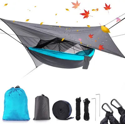 Produktbild von Topchances Camping Hängematte mit Moskitonetz und Tarp, Reise Zeltplane für Outdoor,Wandern,Trekking (Grau+Hellblau)