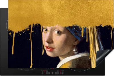 Produktbild von KitchenYeah© Herdabdeckplatte Mädchen mit einem Perlenohrring - Gold - Vermeer , 81x52cm, Küche Deko, Glaskeramikkochfeld Herdabdeckung, Abdeckplatte fùr Kochfeld