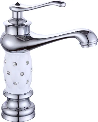A close-up studio shot of a single bathroom faucet.
