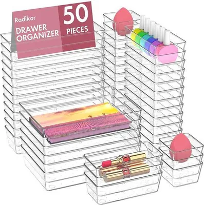 Immagine prodotto di Piccolo organizer da cassetto in plastica, 50 scomparti, a 4 scomparti, per ufficio, scrivania, cucina, bagno