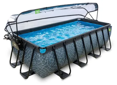 Obrázek produktu pro EXIT Stone rámový bazén 400 x 200 x 100 cm, nadzemní bazén, s pískovým filtrem, zastřešením a tepelným čerpadlem, obdélníkový, šedý