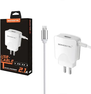 Zdjęcie produktu dla Ładowarka Sieciowa 2A Kabel Iphone Biała Somostel 2100Ma Sms-A03