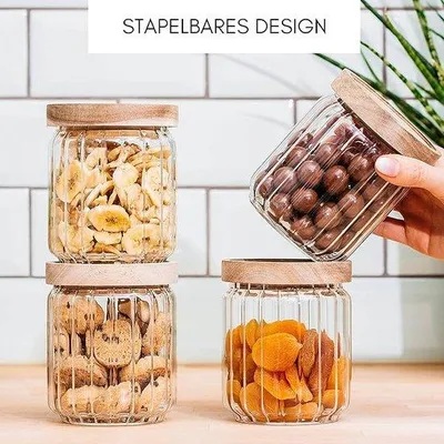 Produktbild von Geribbelte Opbergpott-Set (500 ml, 4-teilig), stapelbar, luchtdicht, Holzdeckel, Glascontainer