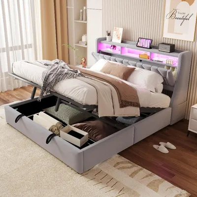 Obrázek produktu pro Postel s čalouněnou konstrukcí 180x200 cm, hydraulický úložný prostor, potah z veluru v světle šedé barvě, sklopná opěrka hlavy, LED osvětlení, zásuvka, USB port a port typu C