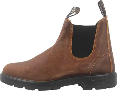 A single brown suede boot is shown against a white background.