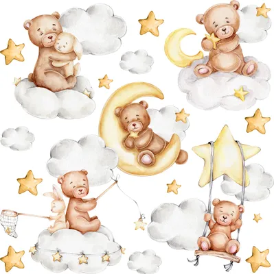Immagine prodotto di Set di adesivi murali per bambini ORSETTI DI PELUCHE Conigli Nuvole Stelle Lune 60x30 cm Adesivi murali Set di tatuaggi murali per bambini