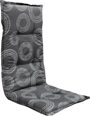 A gray chair cushion with a circular pattern, shown lying flat.
