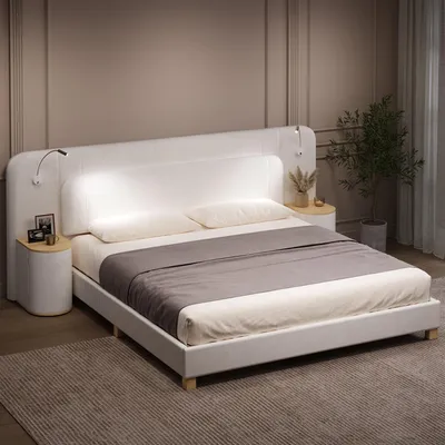 Obrázek produktu pro MODFUB Dvojlůžko 140x200, čalouněné, látkové, vhodné pro mládež, s vysokou opěrkou, postel s úložným prostorem, nočními stolky a osvětlením, bez matrace, šedá barva