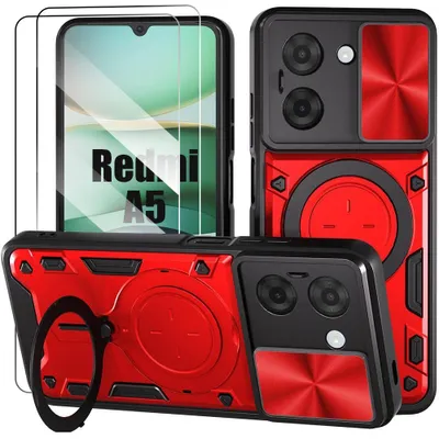Image de Coque + 2 Verres Trempés pour Xiaomi Redmi A5, Protection avec Cache Caméra et Anneau Métal - Rouge