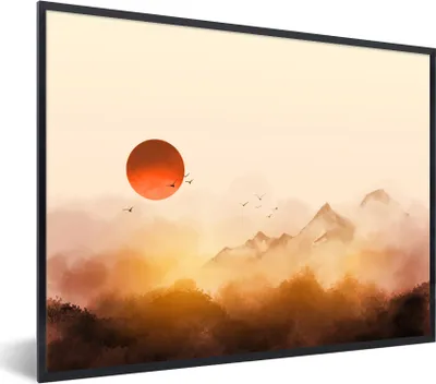 Produktbild von MuchoWow® Gerahmtes Poster Malerei - Sonne - Landschaft - Vögel 40x30 cm - Poster mit Schwarzem Bilderrahmen Wandposter Rahmen Foto Bilder - Kunstposter - Wanddekorationen