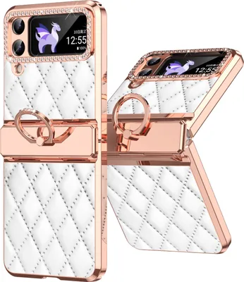 Produktbild von Leder Hülle für Samsung Galaxy Z Flip 3 5G mit Ringhalterung, Luxus Glitzer Bling Überzug Scharnierschutz Handyhülle Weiß